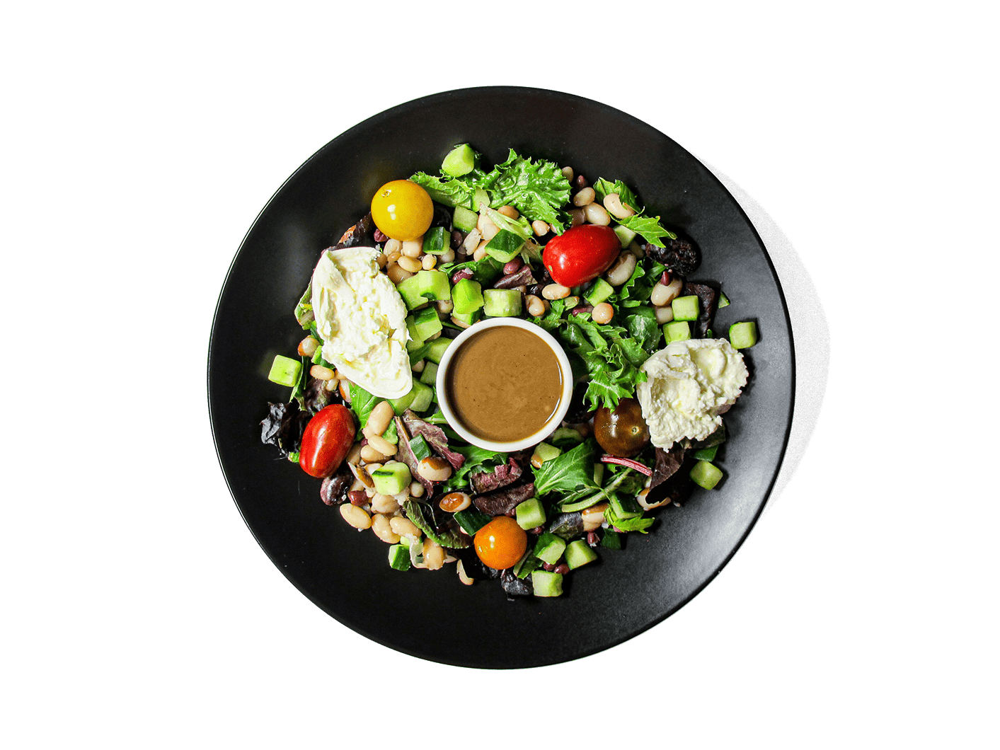 A vibrant bowl featuring creamy burrata atop a hearty heirloom bean salad, crisp cucumbers, juicy heirloom tomatoes, and fresh spring greens. Crunchy edamame and micro basil add texture, while a rich dark balsamic vinaigrette ties it all together. Packed with plant-based proteins, fiber, and healthy fats for a delicious boost to longevity and wellness.