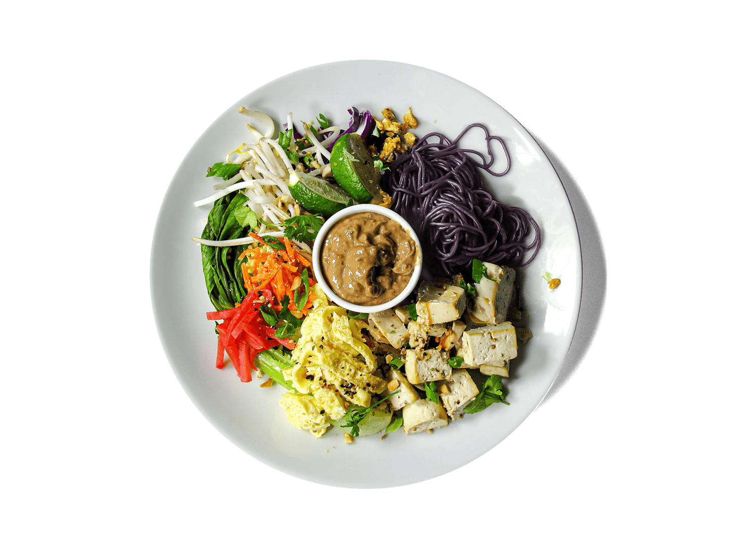 A vibrant, protein-packed bowl featuring sous vide chicken, tofu, egg ribbons, and black rice noodles. Tossed with crunchy bok choy, carrots, red cabbage, and bean sprouts, then drizzled with a creamy cashew-based Pad Thai sauce. Finished with pickled radish, scallions, and a sprinkle of peanuts and hemp seeds. High in protein and fiber—crafted for energy, balance, and longevity.
