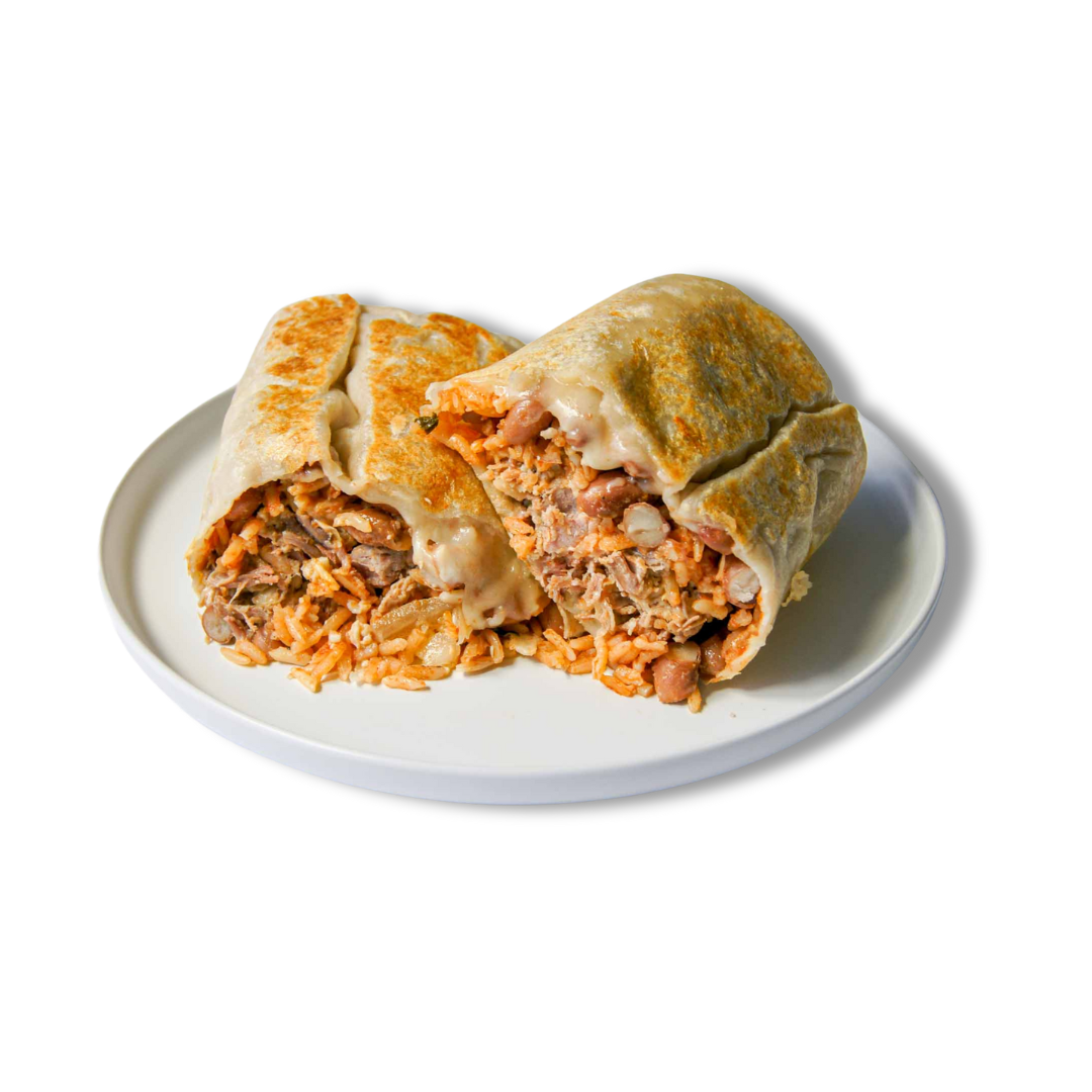 Comal's Carnitas Burrito consists of Duroc pork carnitas wraped in a flour tortilla, paired with pinquito refried beans, red rice, cheese, crema, salsa verde, onion, and cilantro. A savory, cheesy, and zesty delight.