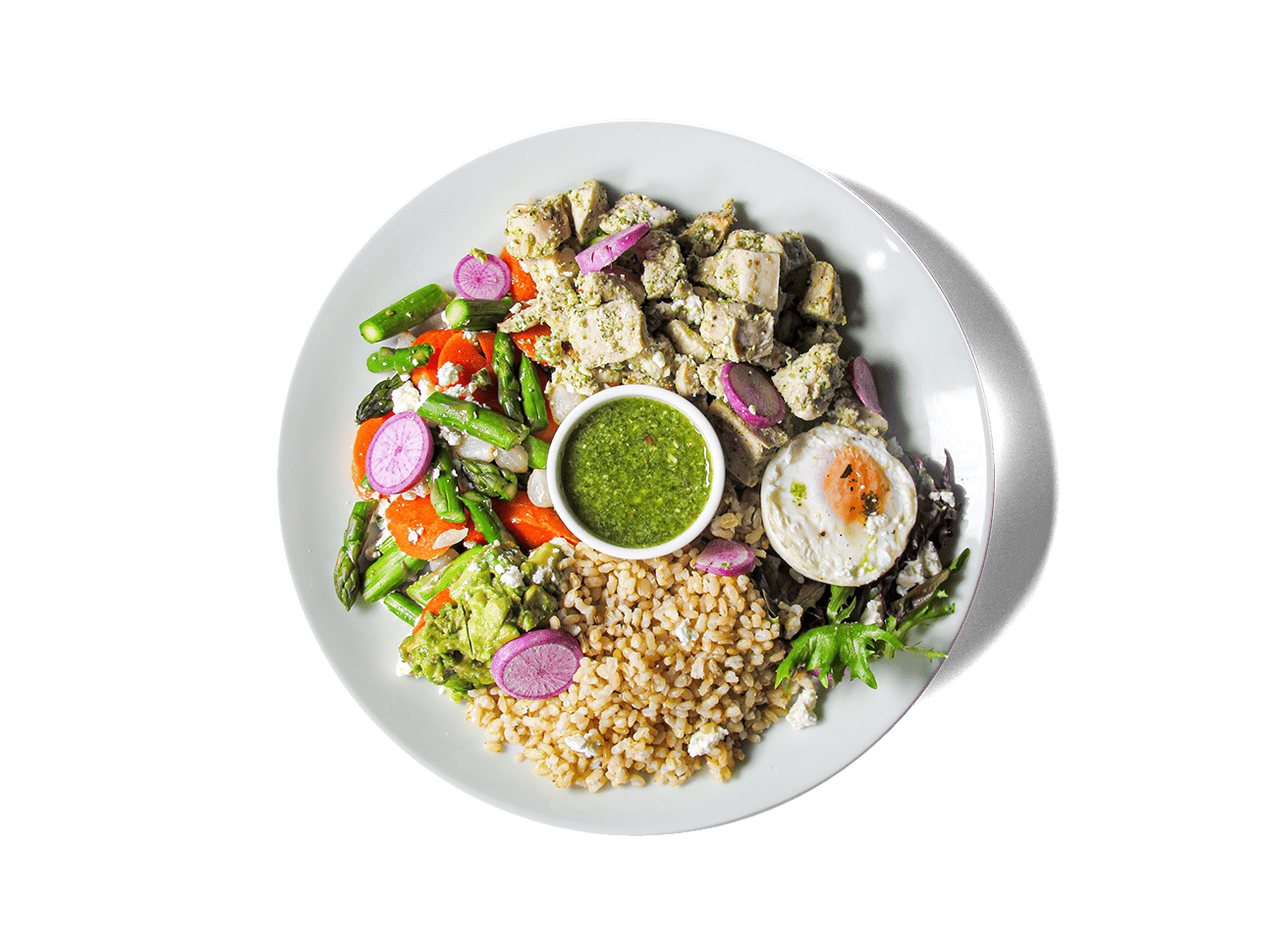 Tender organic free-range chicken breast paired with bone broth-infused brown pesto rice, vibrant spring vegetables, and a rich sorrel green almond pesto. Boosted with a pasture raised shirred egg and sheep's milk feta, this bowl is packed with protein, healthy fats, and nutrient-dense greens — a delicious way to fuel longevity and vitality.