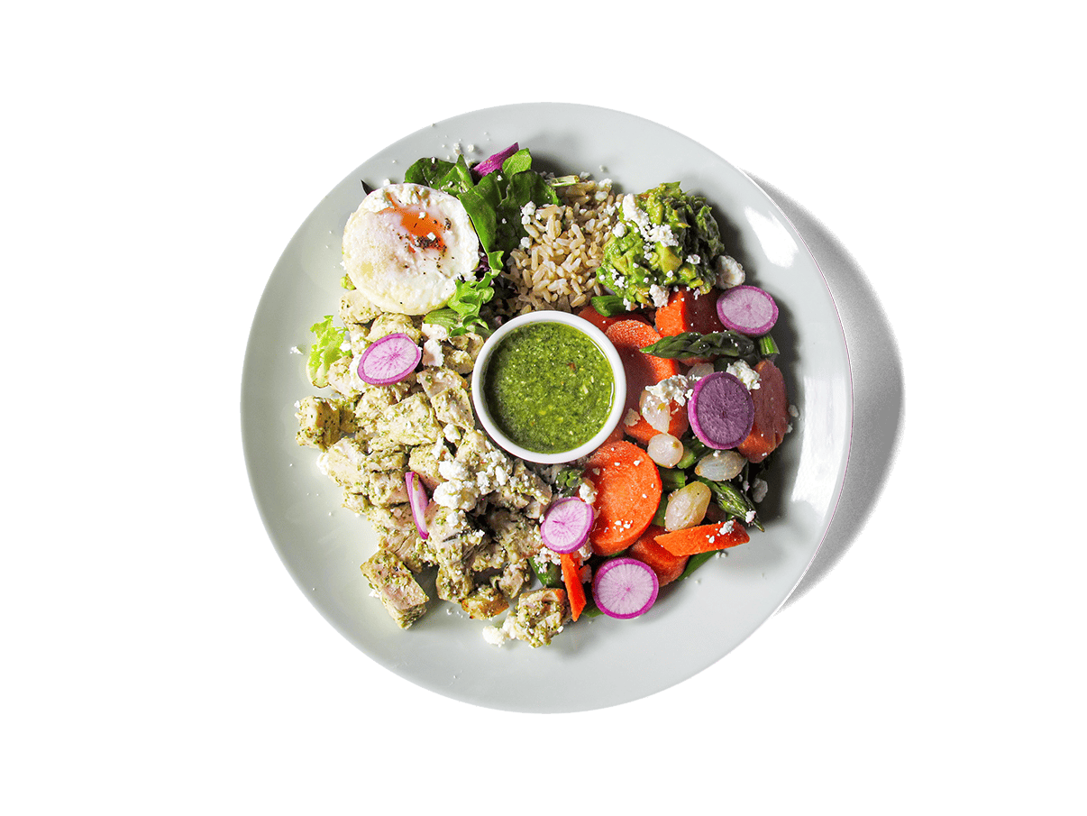 Tender organic free-range chicken breast paired with bone broth-infused brown pesto rice, vibrant spring vegetables, and a rich sorrel green almond pesto. Boosted with a pasture raised shirred egg and sheep's milk feta, this bowl is packed with protein, healthy fats, and nutrient-dense greens — a delicious way to fuel longevity and vitality.