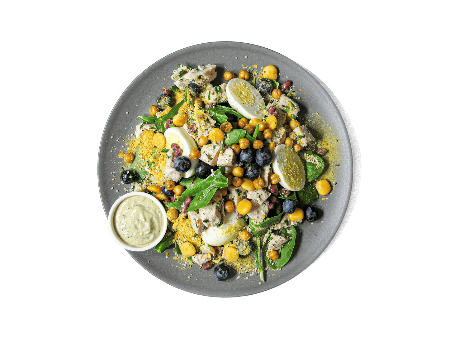 Nutrient-dense super greens, Brussels sprouts, and crispy chickpeas for a crunchy, flavorful bite. The Caesar dressing adds a creamy, tangy touch, while tender organic free-range chicken ensures tender, high-protein goodness. Topped with H.B. eggs, parmesan, adzuki beans, blueberries, and hemp seeds, this meal delivers a balance of protein, fiber, and antioxidants—perfect for a nourishing and satisfying dish