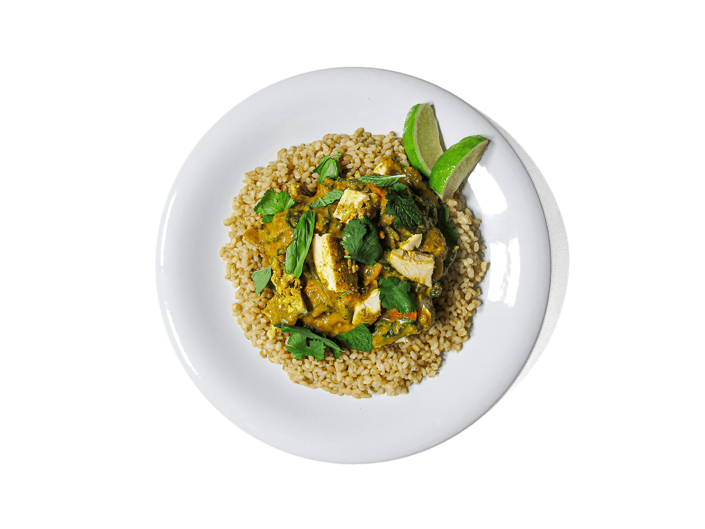 A rich, nourishing dish featuring curried chicken breast, fragrant bone broth brown basmati rice, and a creamy Thai yellow curry made with coconut milk, turmeric, and fresh vegetables. A vibrant herb mix of cilantro, basil, mint, and Thai basil adds brightness, while lime wedges bring a refreshing citrus kick. Packed with protein, healthy fats, and anti-inflammatory spices, this dish is both satisfying and designed to fuel longevity.