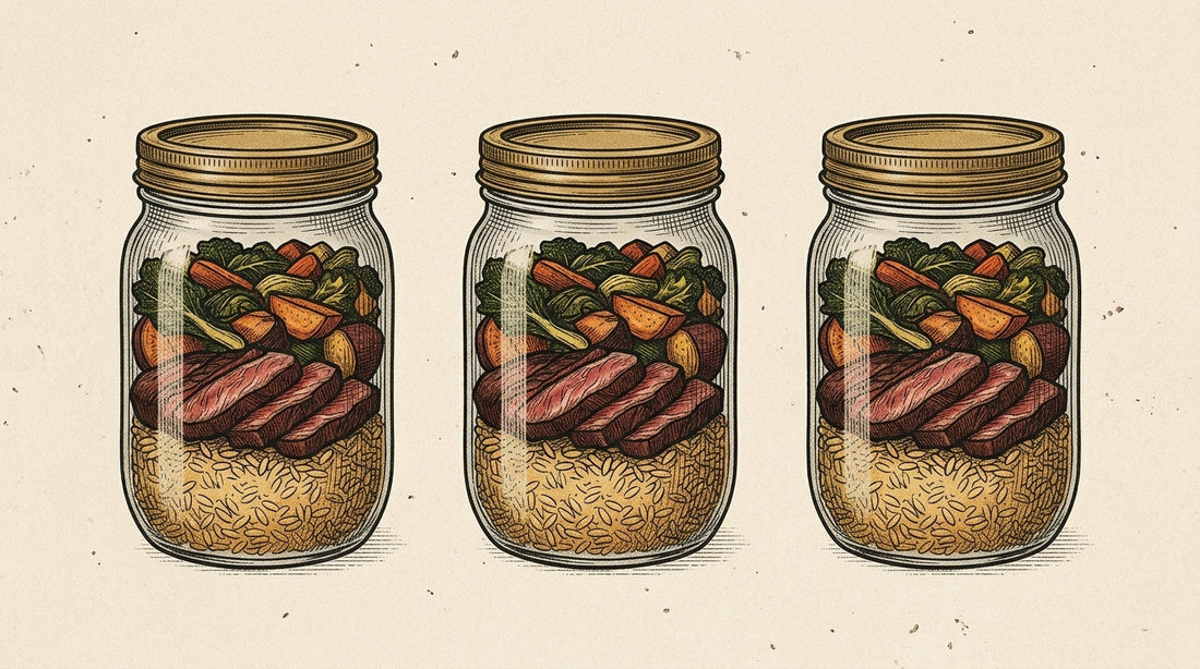 Freshly prepared high-protein meal prep jars with grass-fed steak, roasted vegetables, and bone broth rice