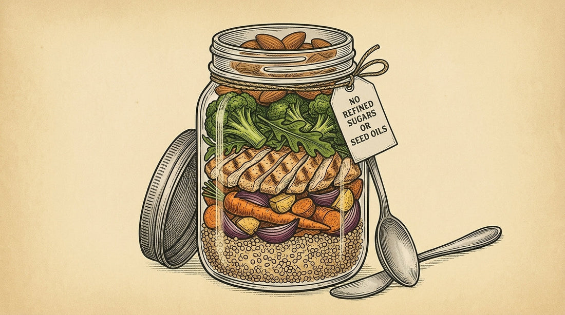 A close-up shot of an organic chicken bowl in a clean, reusable glass jar, showcasing whole, unprocessed ingredients without any refined sugars or industrial seed oils.