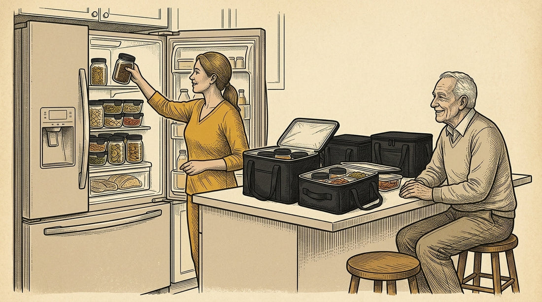 A caregiver unpacking a delivery of prepared meals in glass jars into a senior parent's refrigerator in a bright Bay Area kitchen.