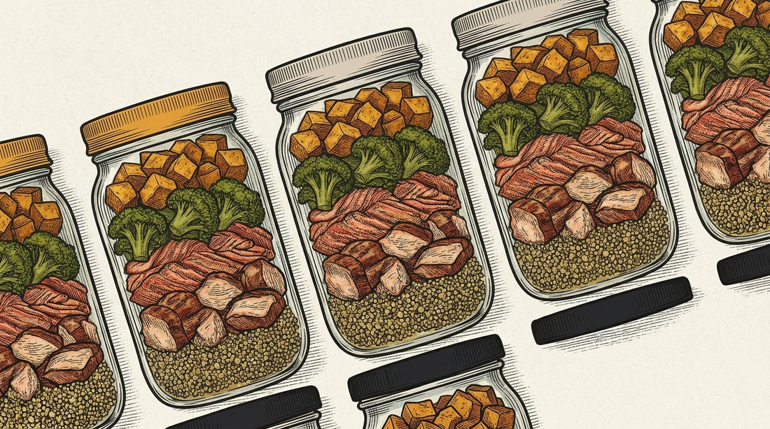 A lineup of organic, high-protein meals in reusable glass containers from top SF Bay Area meal delivery services. ·AI-generated