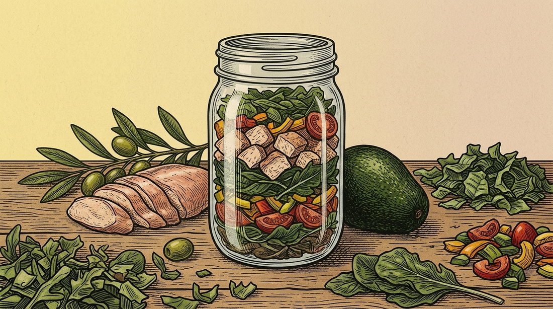 A prepared clean protein meal served in a reusable glass jar next to fresh ingredients on a wooden kitchen countertop.
