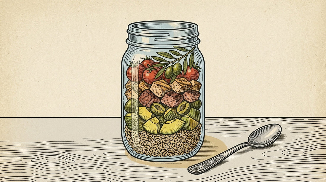 A freshly prepared Locale meal in a reusable glass jar, featuring high-quality protein and organic vegetables on a kitchen counter.