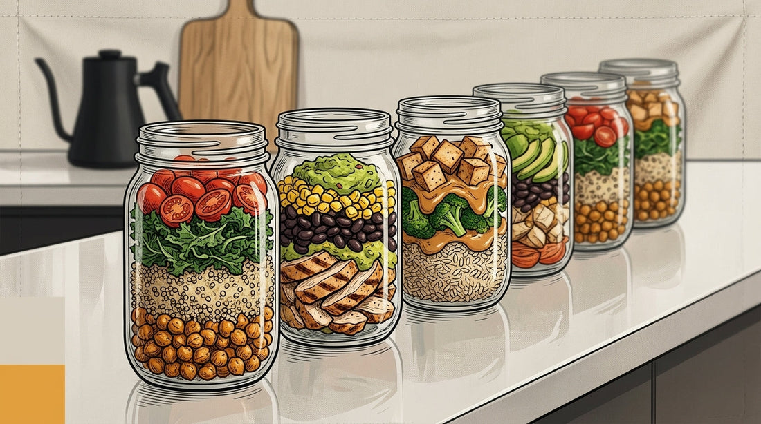 A neat row of Locale's reusable glass jars filled with high-protein prepared meals, placed on a modern San Francisco kitchen counter.