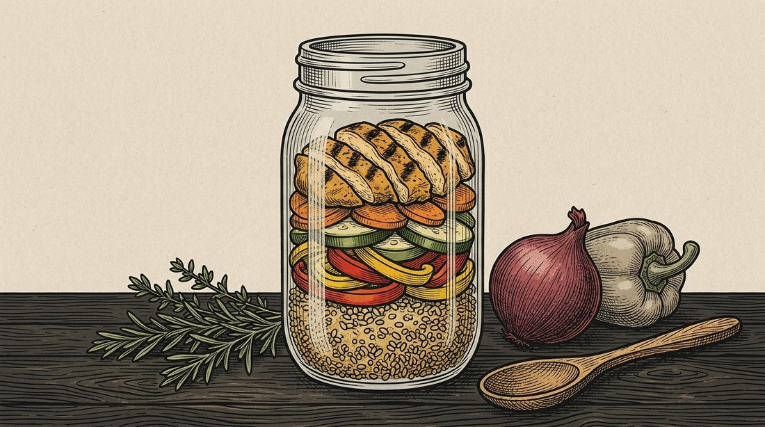 A clean glass jar filled with high-protein grilled chicken, organic vegetables, and ancient grains next to fresh grocery ingredients on a wooden countertop.