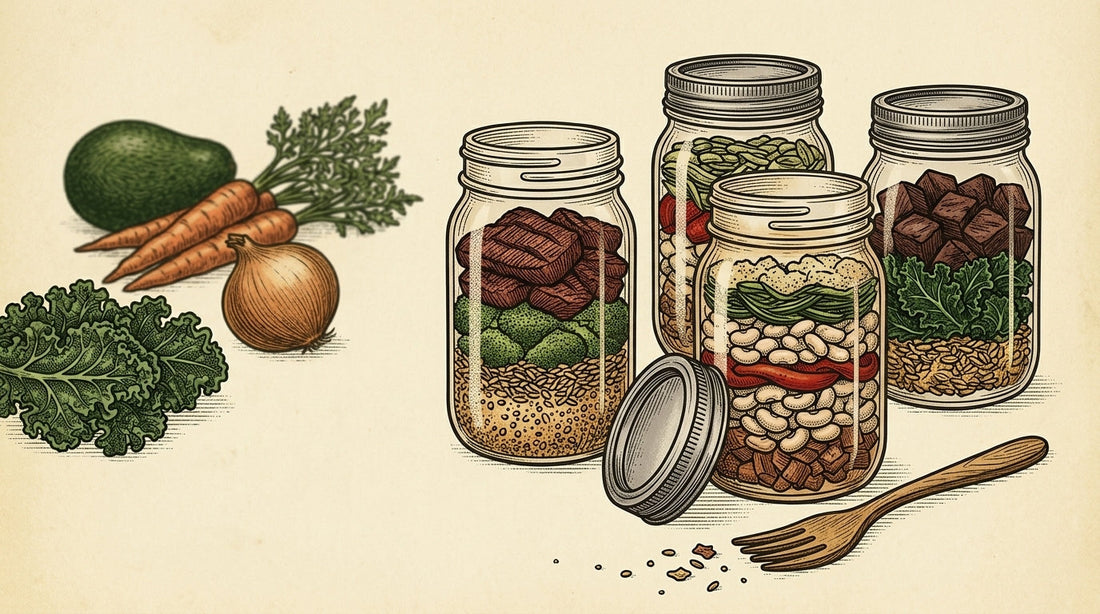 A set of high-protein prepared meals packaged in reusable glass jars with fresh organic vegetables and clean ingredients.