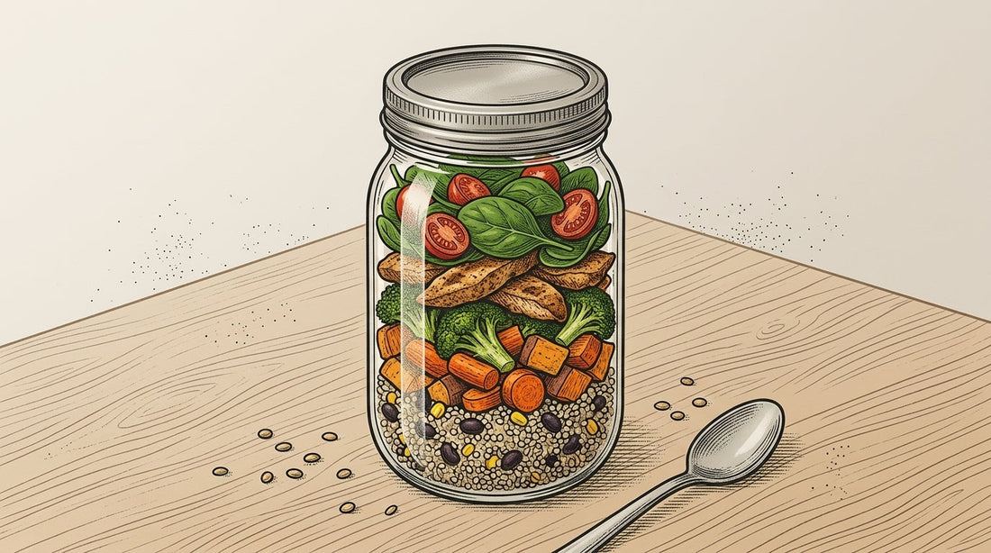A reusable glass jar containing a high-protein, clean-ingredient prepared meal from Locale, featuring fresh organic produce and zero refined sugar.
