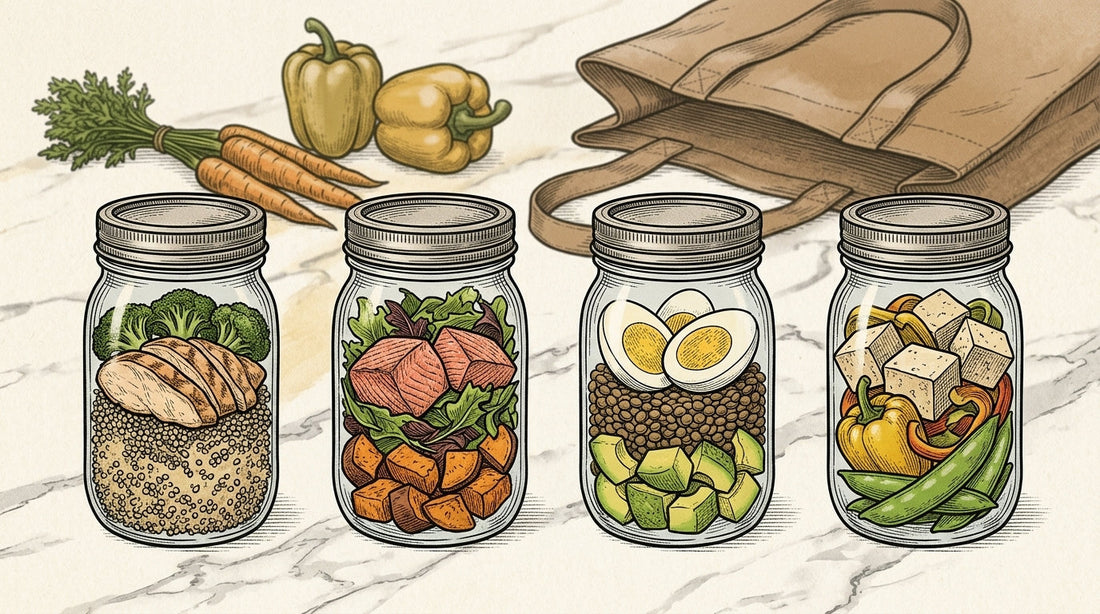 A selection of clean, high-protein Locale meals in reusable glass jars on a kitchen counter in a San Francisco home, with fresh organic vegetables and a Monday delivery tote bag in the background.