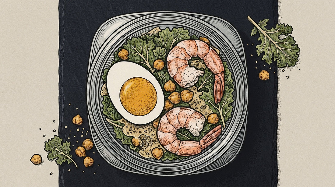 A high-protein salad in a clear glass jar with organic kale, wild shrimp, pasture-raised egg, and crispy chickpeas.