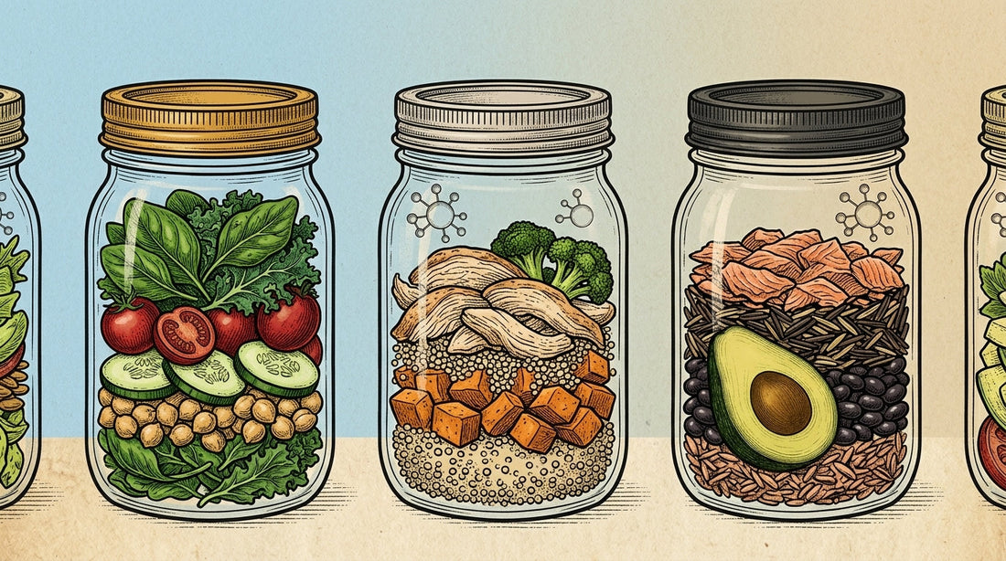 A variety of high-protein prepared meals packaged in clean glass jars, including colorful organic salads and chicken bowls, arranged neatly on a modern kitchen counter.