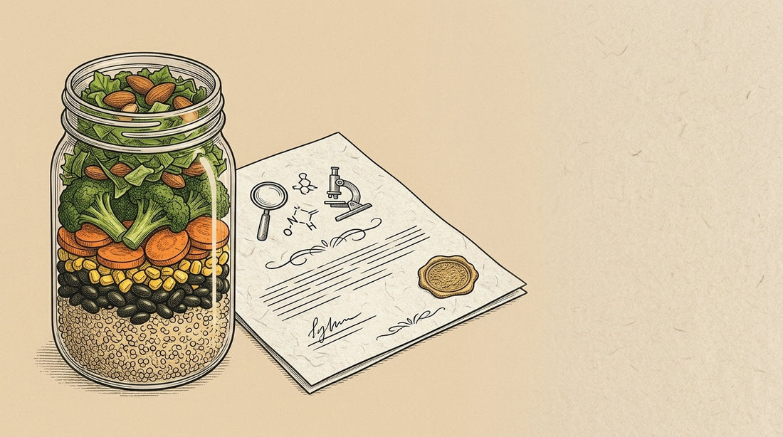 Clean prepared meal packaged in a reusable glass jar next to a published Light Labs analysis report.