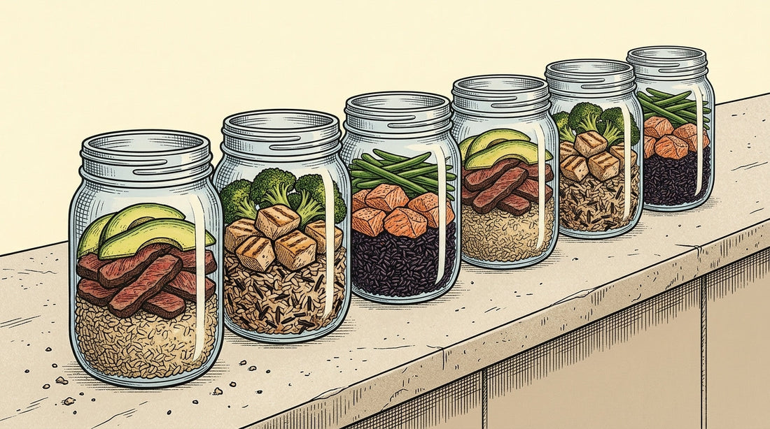 A lineup of premium glass meal containers with high-protein, clean-ingredient prepared meals on a kitchen counter.