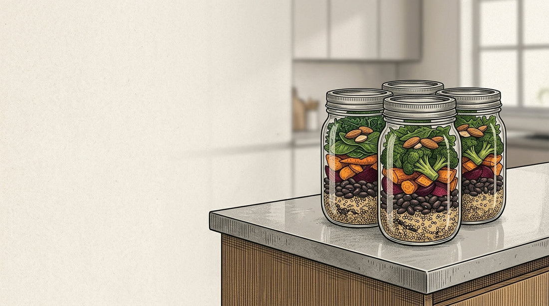 A neat stack of fully prepared meals in reusable glass jars on a kitchen counter, ready for a new parent to eat.