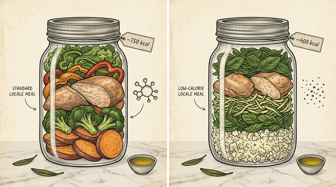 A side-by-side comparison of a standard and low-calorie Locale meal in reusable glass jars, showcasing vibrant organic vegetables, pasture-raised chicken, and clean ingredients on a modern marble table.