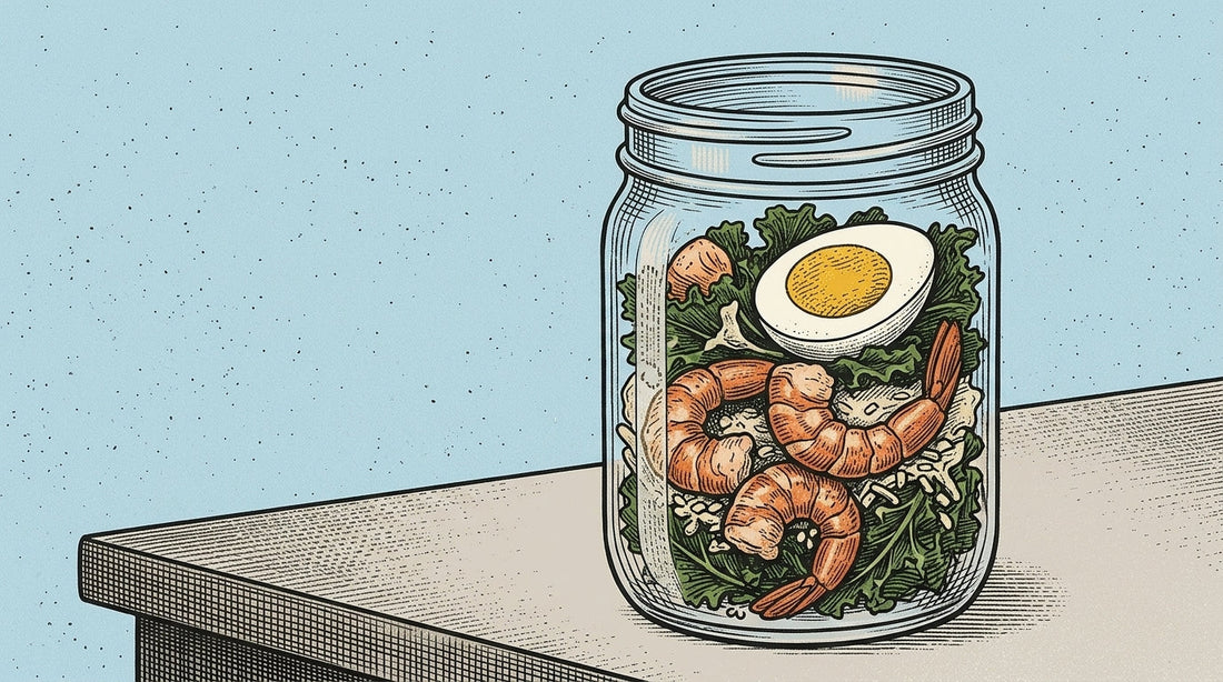 A clear glass jar containing a Locale Wild Shrimp Kale Caesar Salad with wild shrimp, organic kale, and pasture-raised egg on a countertop.