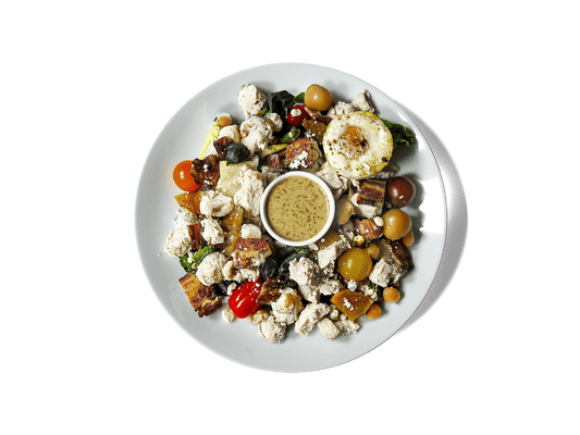 A vibrant, protein-rich twist on the classic Cobb. Featuring Mary's Organic Free-Range Chicken Breast, golden roasted beets, heirloom tomatoes, and a crisp little gem blend, topped with maple-peppered bacon and tangy Point Reyes blue cheese. Finished with a zesty grain mustard-honey dressing and crunchy blue cheese chickpeas on the side. Balanced, satisfying, and built for longevity.