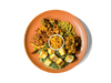 Creamy spinach (saag) simmered with fragrant spices embraces avocado oil-fried cubes cubes of paneer for a comforting, protein-rich centerpiece. It’s paired with hearty chana dal, spice-roasted vegetables, vibrant turmeric rice, and sweet-tangy mango chutney. Bursting with plant-powered protein, fiber, and anti-inflammatory spices, this colorful dish satisfies both taste and well-being.