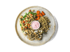 Tender grilled chicken thighs seasoned with sumac, cumin, and lemon rest over aromatic basmati brown rice with orange and basil. Served alongside roasted sumac carrots, zesty chickpea salad, and a swirl of vibrant pink labneh, this bowl bursts with Mediterranean flavors and delivers protein, fiber, and antioxidants to fuel longevity and well-being.