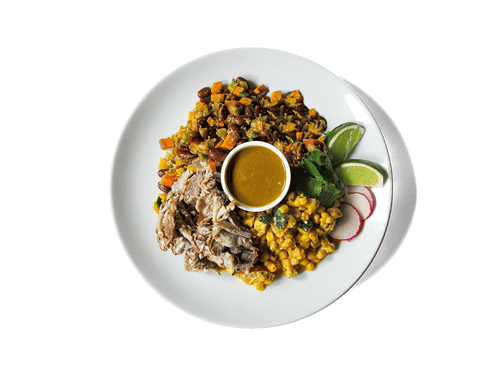 Tender 24 hour slow cooked carnitas over fresh bell peppers, paired with sweet potato hash, calabacitas, and zesty pineapple habanero pico. This vibrant, protein-rich bowl is packed with fiber, antioxidants, and slow-burning energy — made to fuel longevity and flavor in every bite.