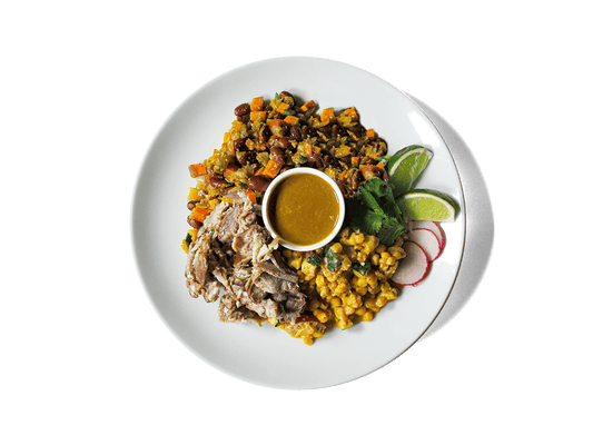 Tender 24 hour slow cooked carnitas over fresh bell peppers, paired with sweet potato hash, calabacitas, and zesty pineapple habanero pico. This vibrant, protein-rich bowl is packed with fiber, antioxidants, and slow-burning energy — made to fuel longevity and flavor in every bite.