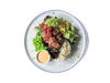 A fresh, protein-rich dish featuring marinated ahi tuna, sushi rice, and purple sushi rice for a vibrant base. Topped with edamame, mango, cucumber, scallions, and sesame seeds, it delivers a perfect balance of sweet, savory, and umami flavors. A crunchy macadamia nut topping adds texture, while a drizzle of sriracha aioli brings a creamy kick. Packed with omega-3s, antioxidants, and essential nutrients, this bowl is both delicious and nourishing.
