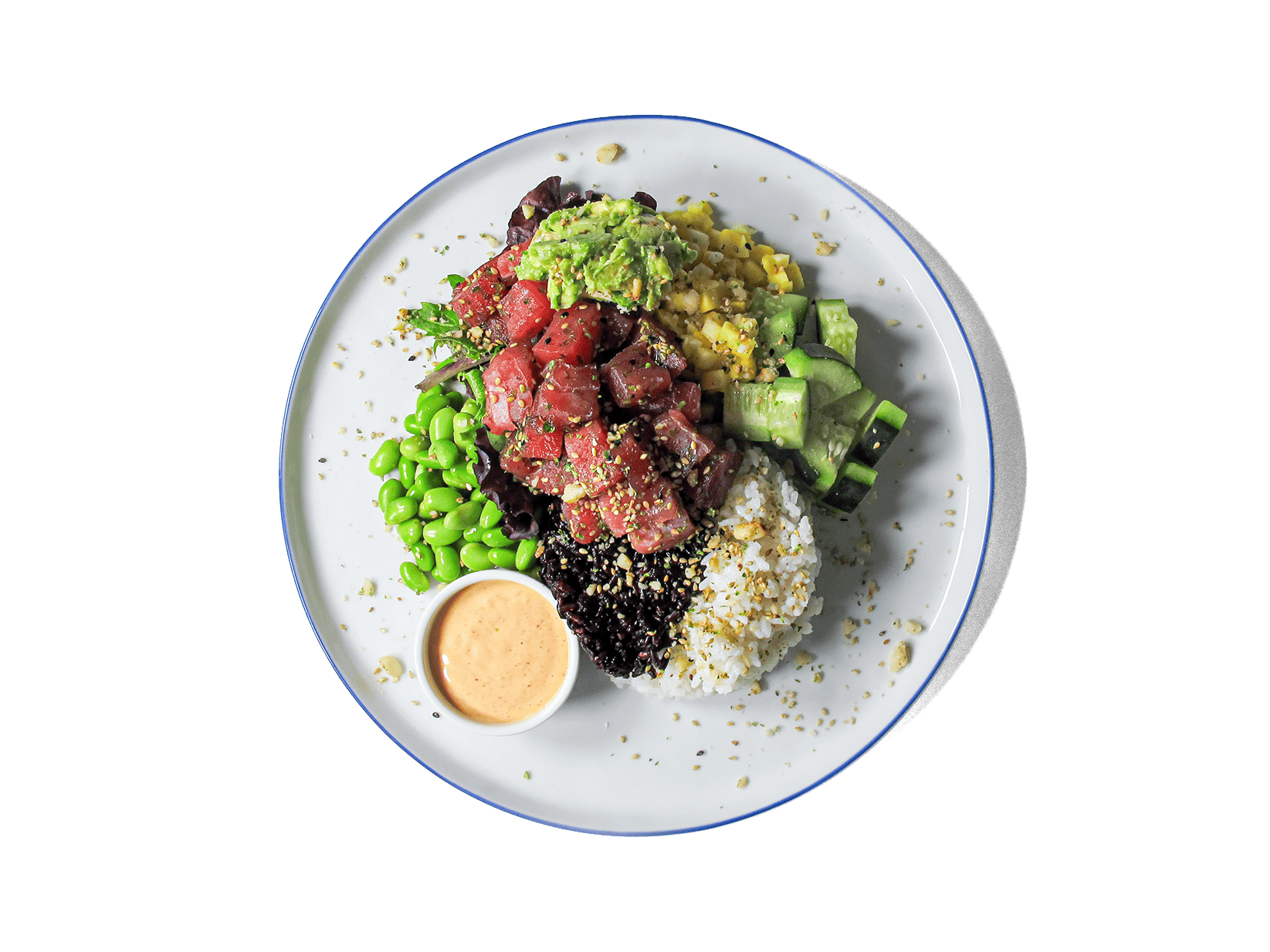 A fresh, protein-rich dish featuring marinated ahi tuna, sushi rice, and purple sushi rice for a vibrant base. Topped with edamame, mango, cucumber, scallions, and sesame seeds, it delivers a perfect balance of sweet, savory, and umami flavors. A crunchy macadamia nut topping adds texture, while a drizzle of sriracha aioli brings a creamy kick. Packed with omega-3s, antioxidants, and essential nutrients, this bowl is both delicious and nourishing.