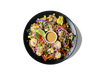 A vibrant, protein-packed bowl featuring shrimp, beet-dyed egg white noodles, and a rainbow of crisp veggies like mango, cabbage, bell pepper, and sprouts. Finished with fresh herbs, tangy lime, and a creamy, house-made cashew dressing. Light, refreshing, and rich in antioxidants—perfect for longevity and clean energy.