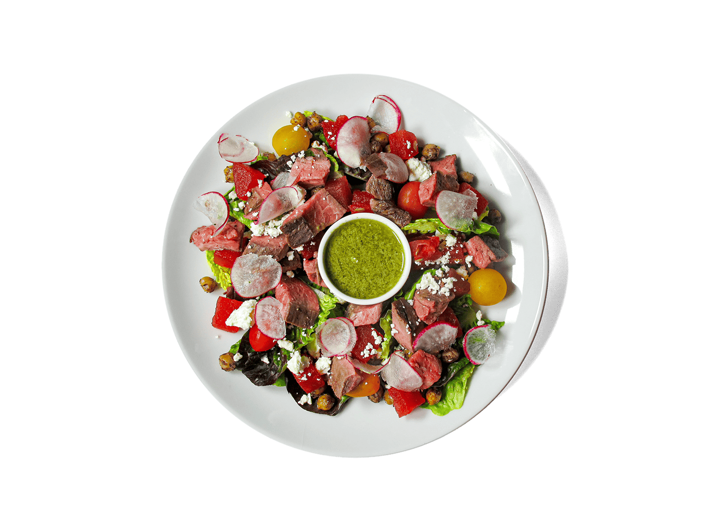 Tender grass-fed flank steak meets juicy compressed watermelon, roasted chickpeas, heirloom tomatoes, and radish, all tossed in a bright cucumber mint vinaigrette. Finished with sheep’s milk feta and crisp greens, this vibrant dish is rich in protein, antioxidants, and heart-healthy fats—designed to fuel strength and longevity.