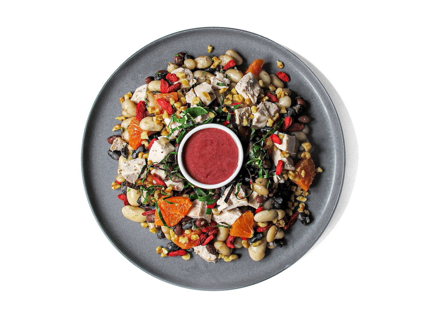 A powerhouse of plant-based protein and antioxidants, this Dense Bean Antioxidant Salad is a vibrant fusion of wholesome ingredients. A mix of protein-packed beans, organic free-range chicken, and nutrient-dense blueberries, goji berries, and oranges delivers a sweet-tart balance. Shredded rainbow chard adds a fresh crunch, while toasted walnuts and a rich mixed berry vinaigrette with acai tie it all together. Perfect for longevity and sustained energy, this salad is as delicious as it is nourishing.