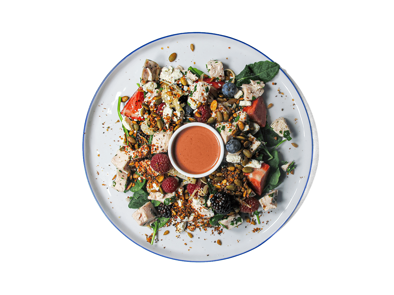 A vibrant, protein-packed salad featuring tender chicken, creamy feta, and a medley of fresh berries for a sweet, tangy contrast. Crisp spinach and kale add a nutrient boost, while pickled fennel brings a refreshing bite. Finished with a roasted strawberry pepper vinaigrette and a crunchy, smoky seed mix, this dish is a powerhouse of flavor and longevity-supporting ingredients.
