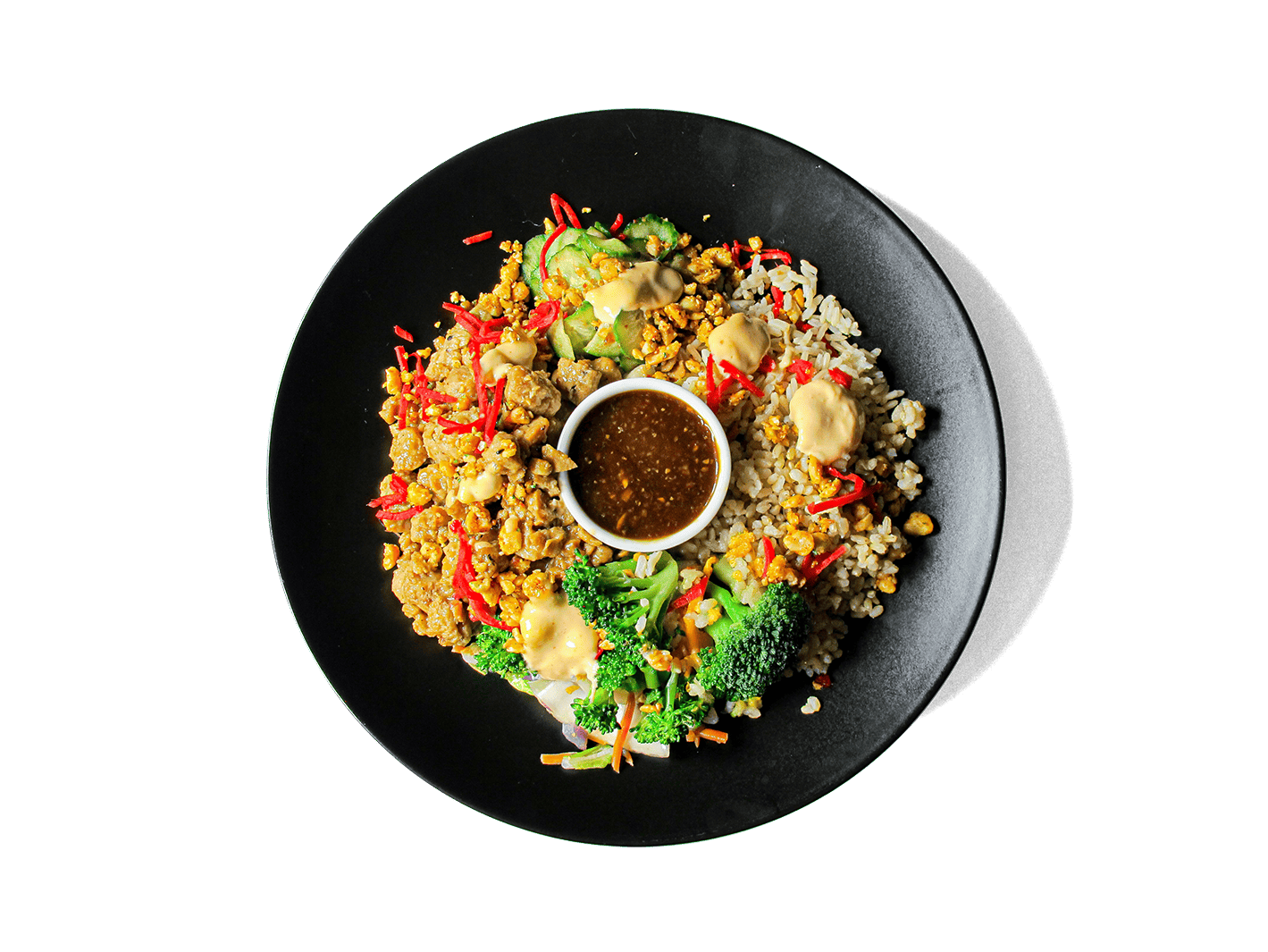 A vibrant, protein-packed bowl with tender teriyaki chicken, hearty brown rice, stir-fried cabbage and carrots, crisp cucumbers, and edamame—topped with pickled ginger and a touch of Siracha Mayo made with our in house avocado mayonnaise. Rich in fiber, protein, and antioxidants, it’s a deliciously balanced meal designed to fuel longevity and vitality.