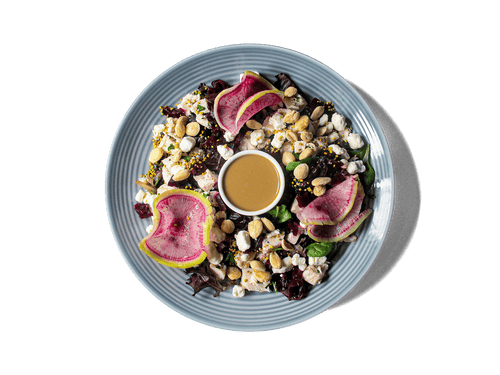 Tender chicken breast with creamy goat cheese, roasted beets, and crunchy almonds, all served on a bed of fresh spring mix. Finished with a hint of bee pollen for a unique touch, this salad offers a vibrant, nutrient-rich blend of flavors and textures.