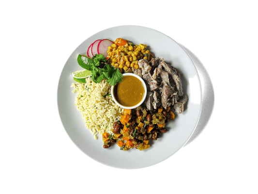 Tender 24 hour slow cooked carnitas over citrusy brown rice, paired with sweet potato hash, calabacitas, and zesty pineapple habanero pico. This vibrant, protein-rich bowl is packed with fiber, antioxidants, and slow-burning energy — made to fuel longevity and flavor in every bite.