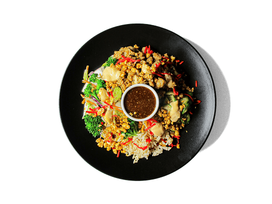 A vibrant, protein-packed bowl with tender teriyaki chicken, hearty brown rice, stir-fried cabbage and carrots, crisp cucumbers, and edamame—topped with pickled ginger and a touch of Siracha Mayo made with our in house avocado mayonnaise. Rich in fiber, protein, and antioxidants, it’s a deliciously balanced meal designed to fuel longevity and vitality.